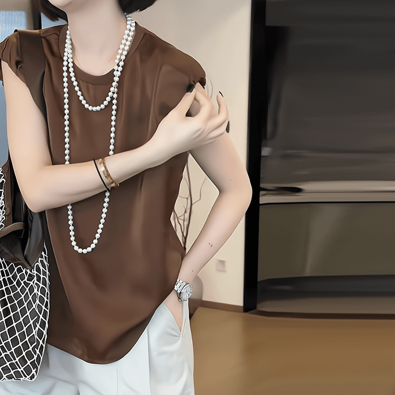 40代ファッション レディース エレガントパフスリーブブラウン系Tシャツ