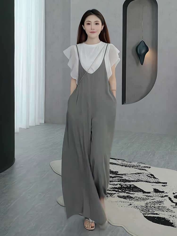 40代ファッション レディース エレガントワイドサロペット