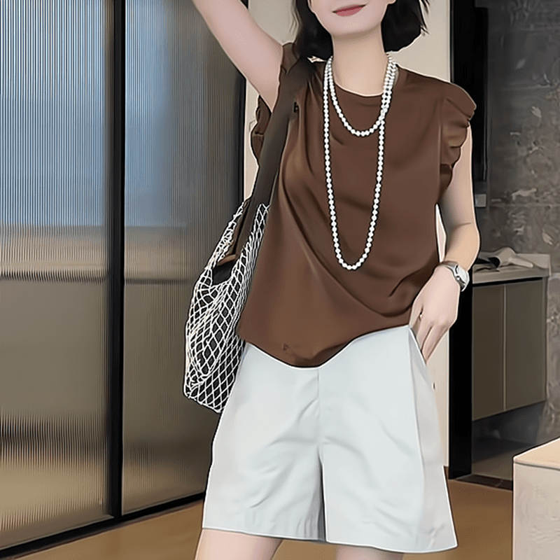 40代ファッション レディース エレガントパフスリーブブラウン系Tシャツ