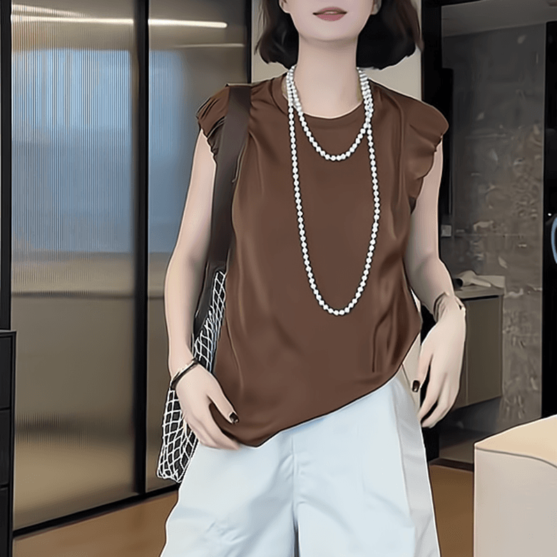 40代ファッション レディース エレガントパフスリーブブラウン系Tシャツ