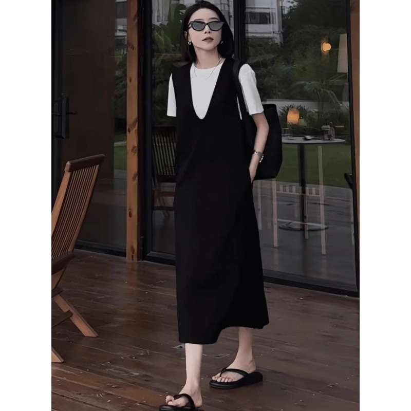 40代ファッション レディース モノトーンレイヤードジャンパースカート