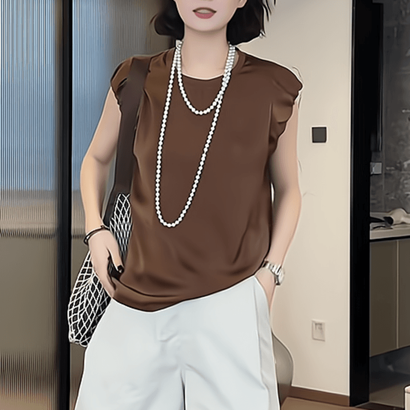 40代ファッション レディース エレガントパフスリーブブラウン系Tシャツ
