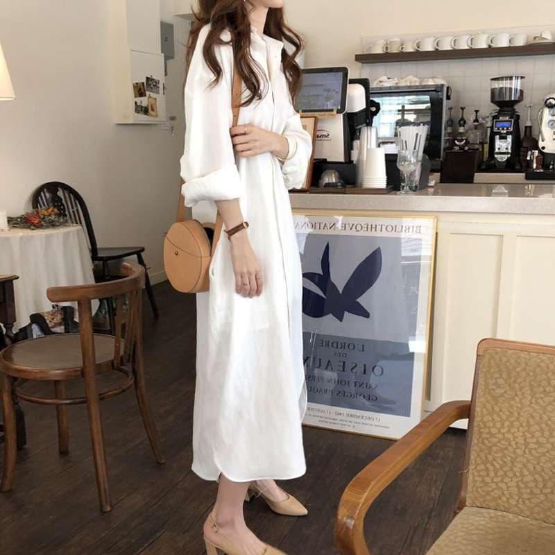 40代ファッション レディース エレガントロングシャツワンピース