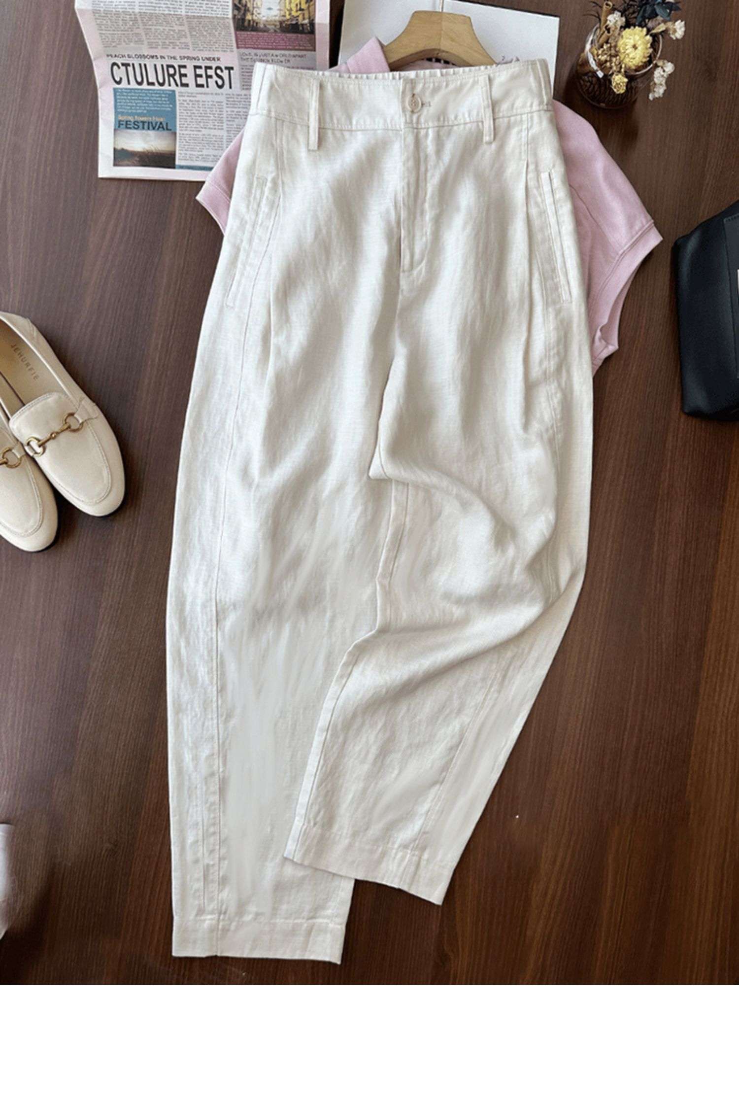 40代ファッション レディース リネン リラックスワイドパンツ