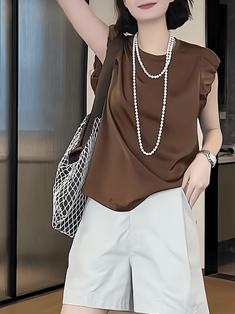 40代ファッション レディース エレガントパフスリーブブラウン系Tシャツ