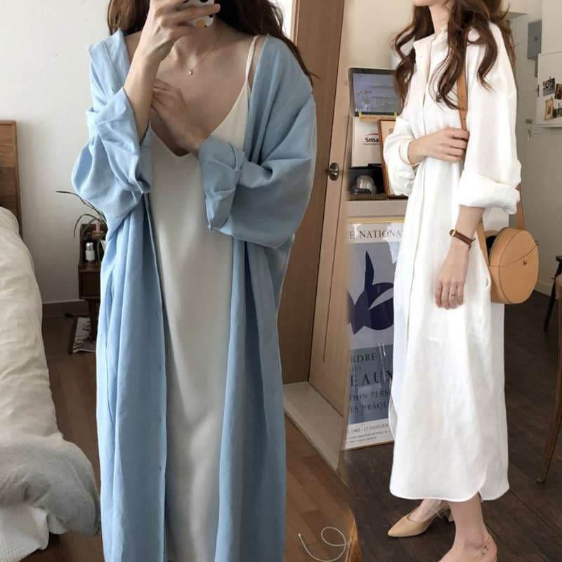 40代ファッション レディース エレガントロングシャツワンピース