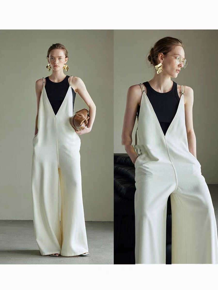 40代ファッション レディース 大人のVネックワイドサロペット