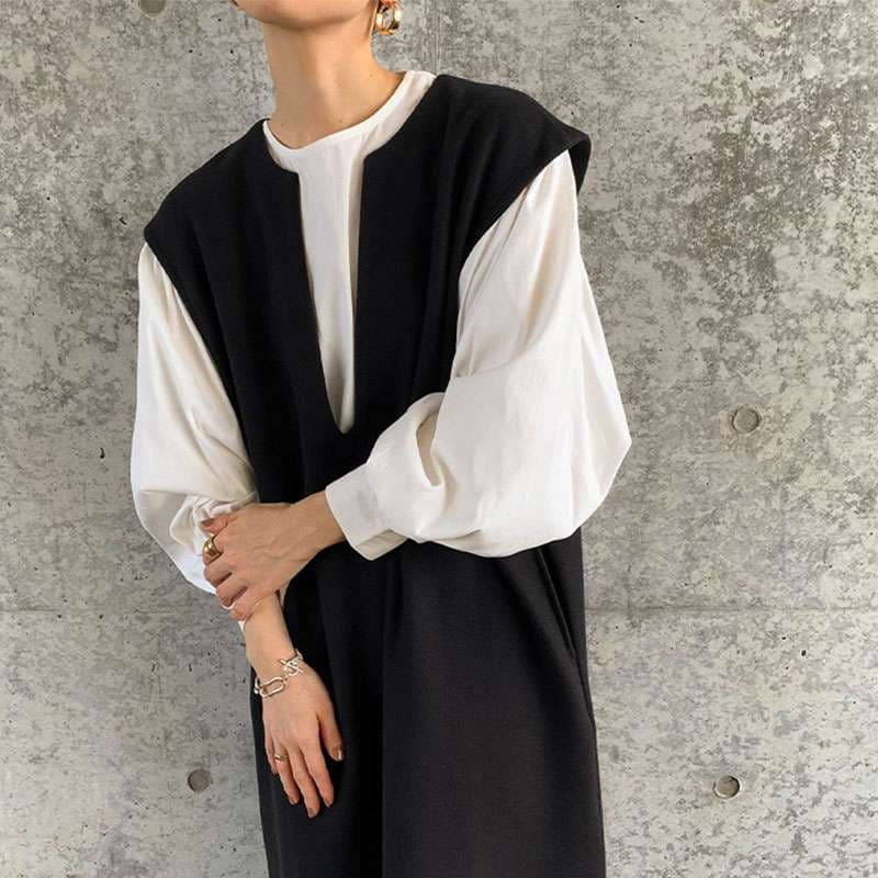 40代ファッション レディース レイヤード風ベスト付きロングワンピース