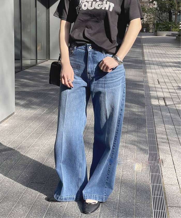 40代ファッション レディース 大人のセンタープレスワイドデニム
