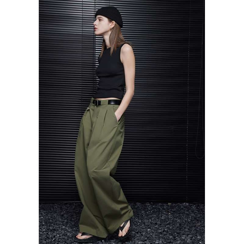 40代ファッション レディース ワイドシルエット ミリタリーグリーン パンツ