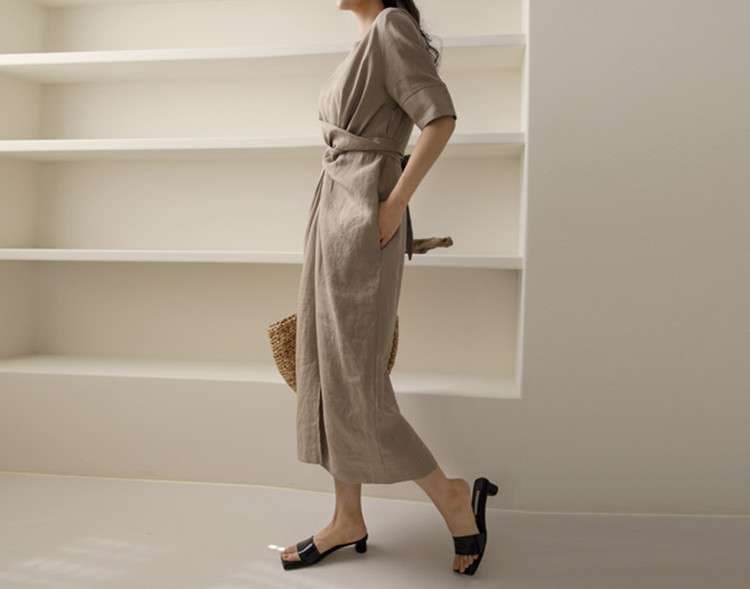 40代ファッション レディース エレガントツイストデザイン リネンワンピース