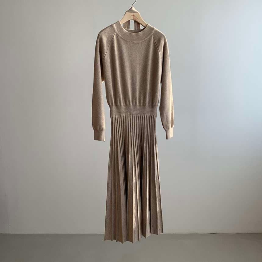 40代ファッション レディース プリーツスカート付き長袖ニットワンピース
