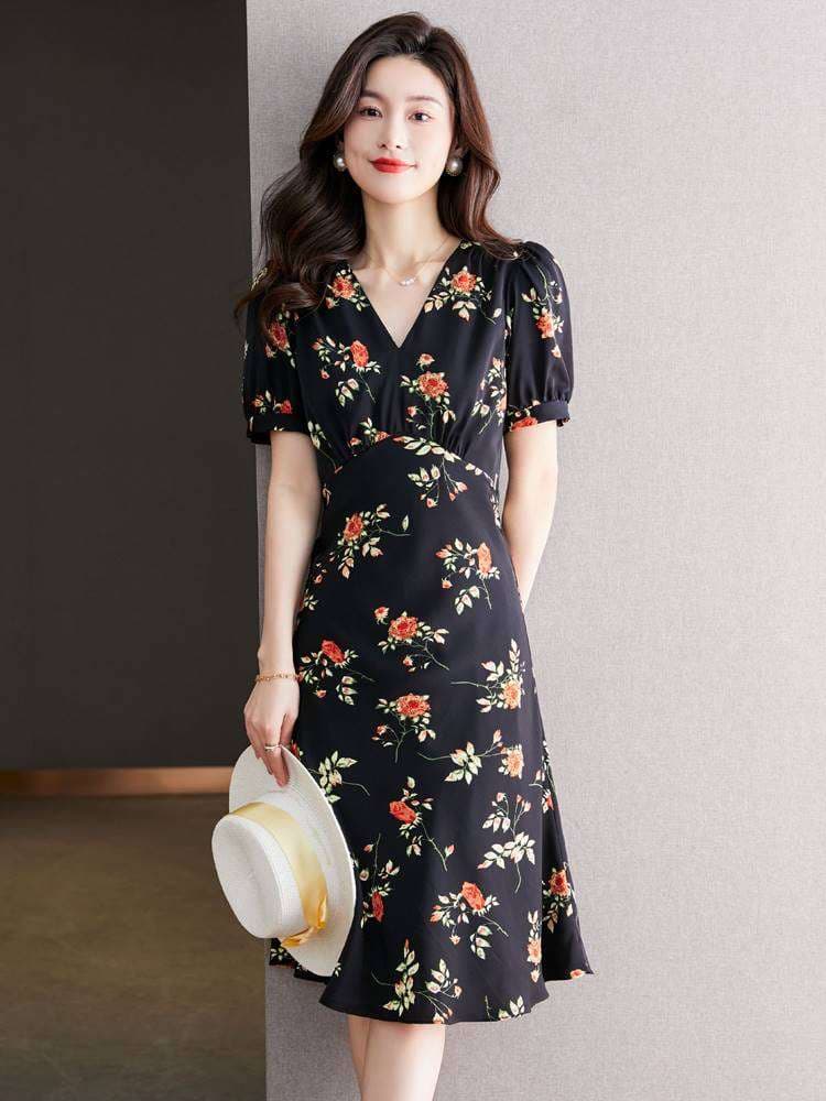 40代ファッション レディース 華やか花柄Vネックミディワンピース