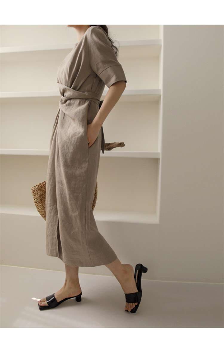 40代ファッション レディース エレガントツイストデザイン リネンワンピース