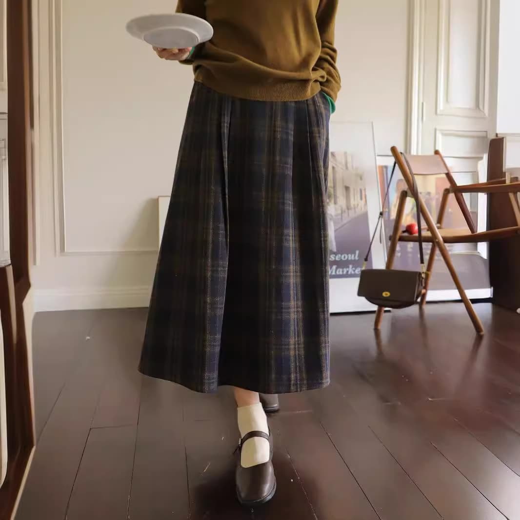 40代レディースファッション ウエストゴム チェック柄 ロングスカート