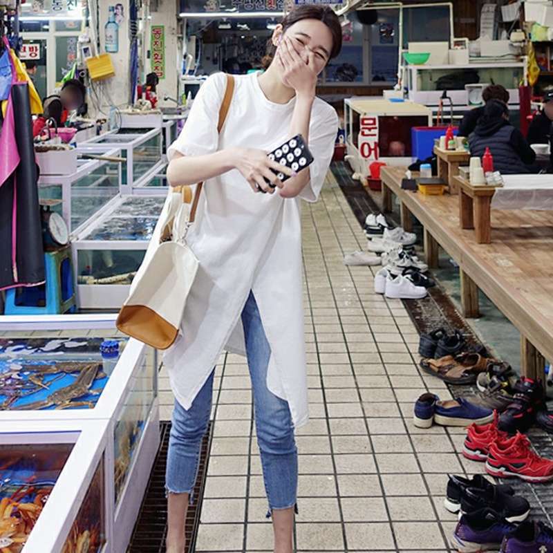 40代ファッション レディース オーバーサイズ ロングTシャツワンピース スリット入りTシャツ