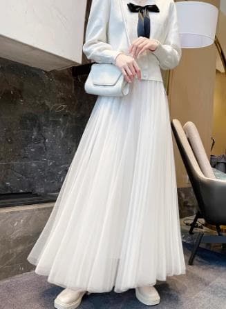 40代ファッション レディース エレガントチュールロングスカート