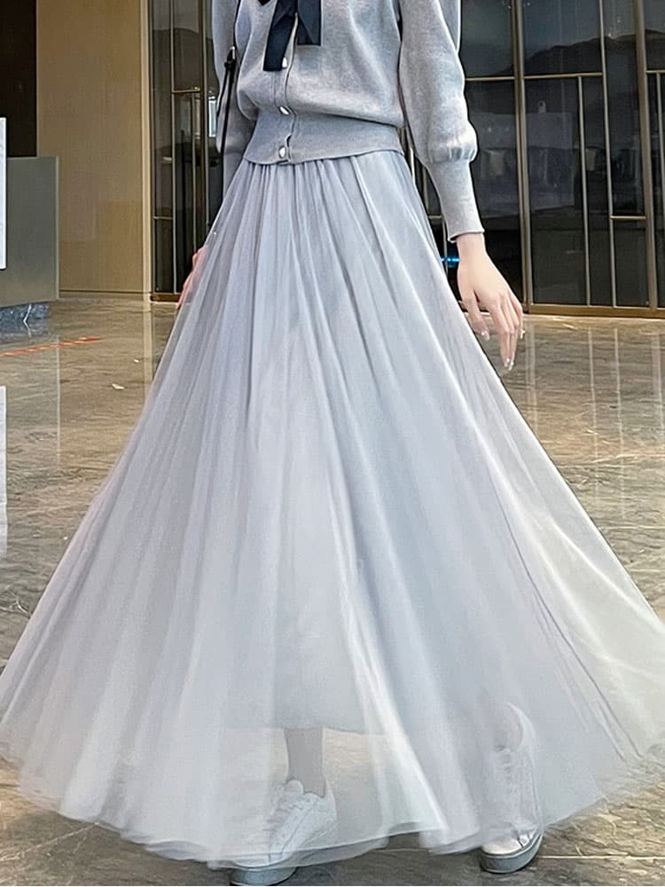 40代ファッション レディース エレガントチュールロングスカート