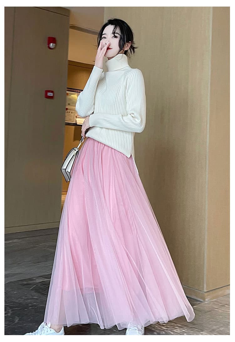 40代ファッション レディース エレガントチュールロングスカート