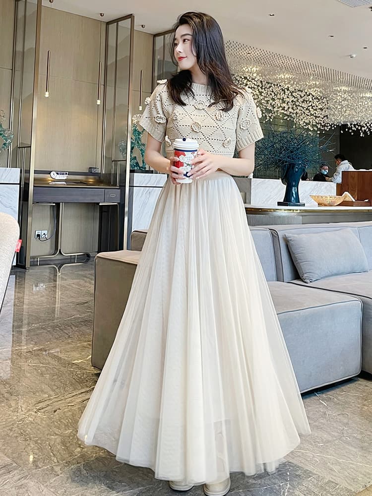 40代ファッション レディース エレガントチュールロングスカート