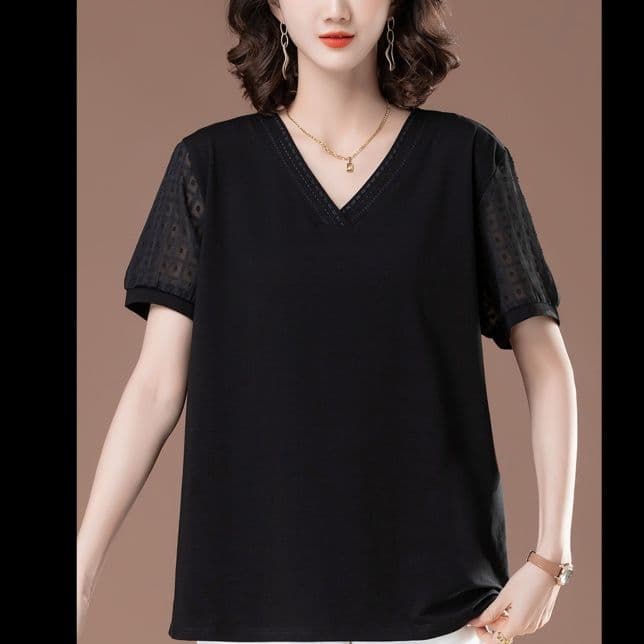 40代ファッション 透かし模様入りスリーブ優雅Tシャツ
