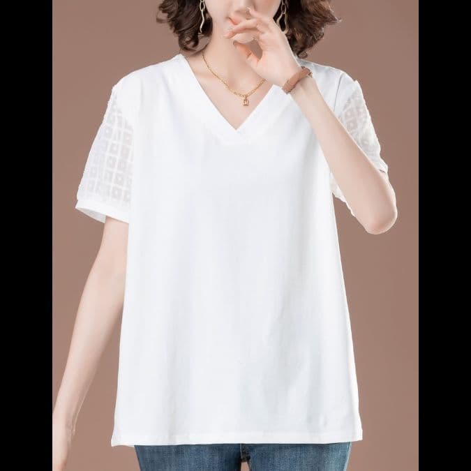 40代ファッション 透かし模様入りスリーブ優雅Tシャツ
