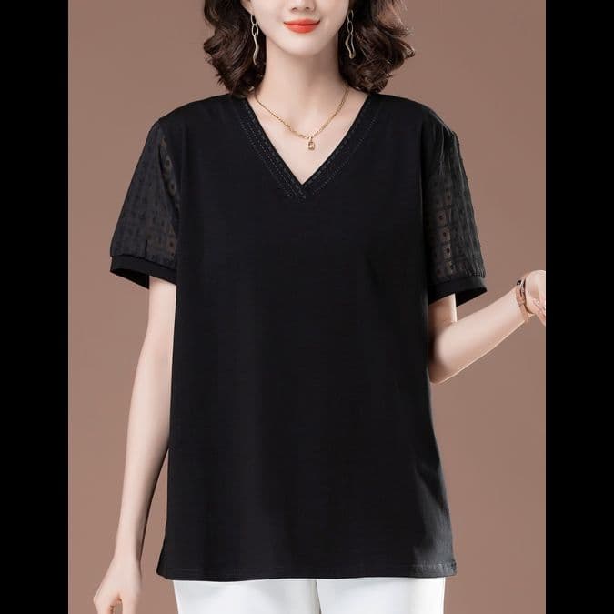 40代ファッション 透かし模様入りスリーブ優雅Tシャツ