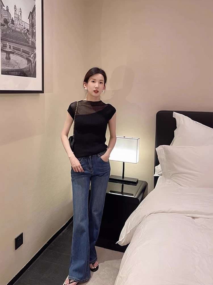 40代ファッション レディース 透け感シースルー切替えカットソー