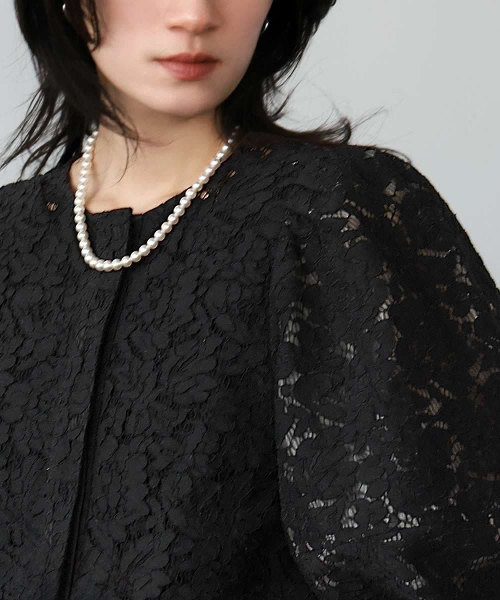 40代ファッション レディース レース編みパフスリーブジャケット