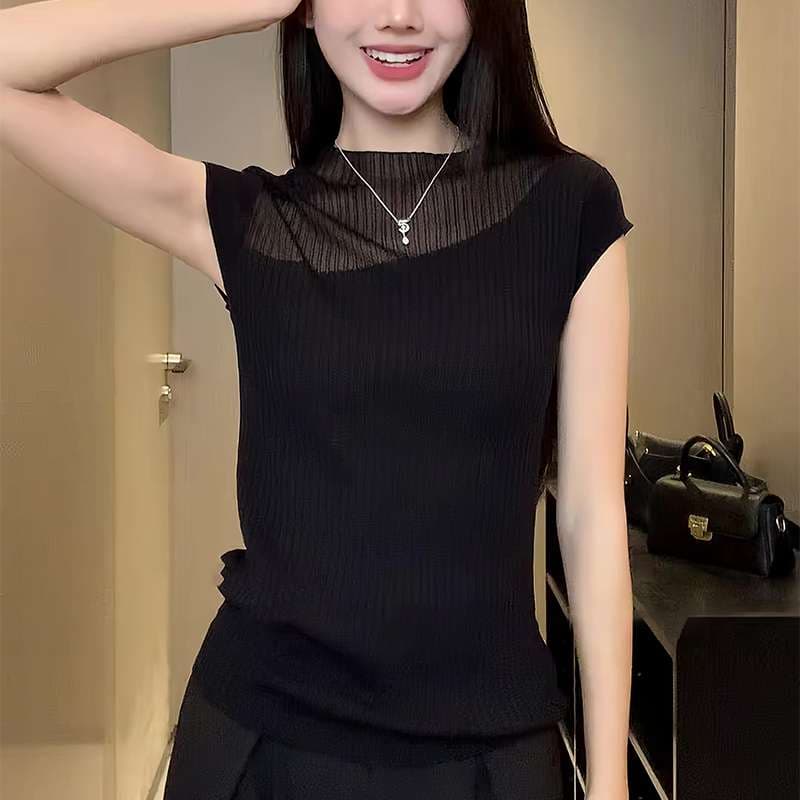 40代ファッション レディース エレガント シースルー切替 半袖カットソー