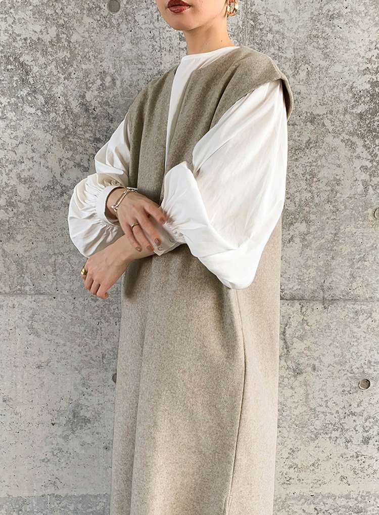 40代ファッション レディース レイヤード風ベスト付きロングワンピース