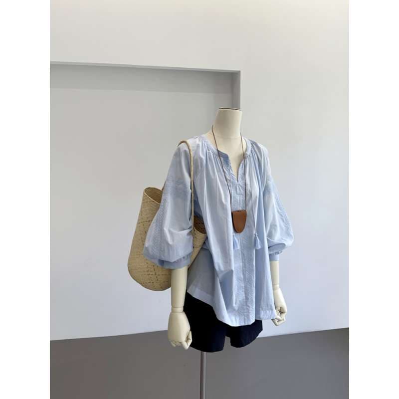 40代ファッション レディース 爽やかボリューム袖フレアブラウス