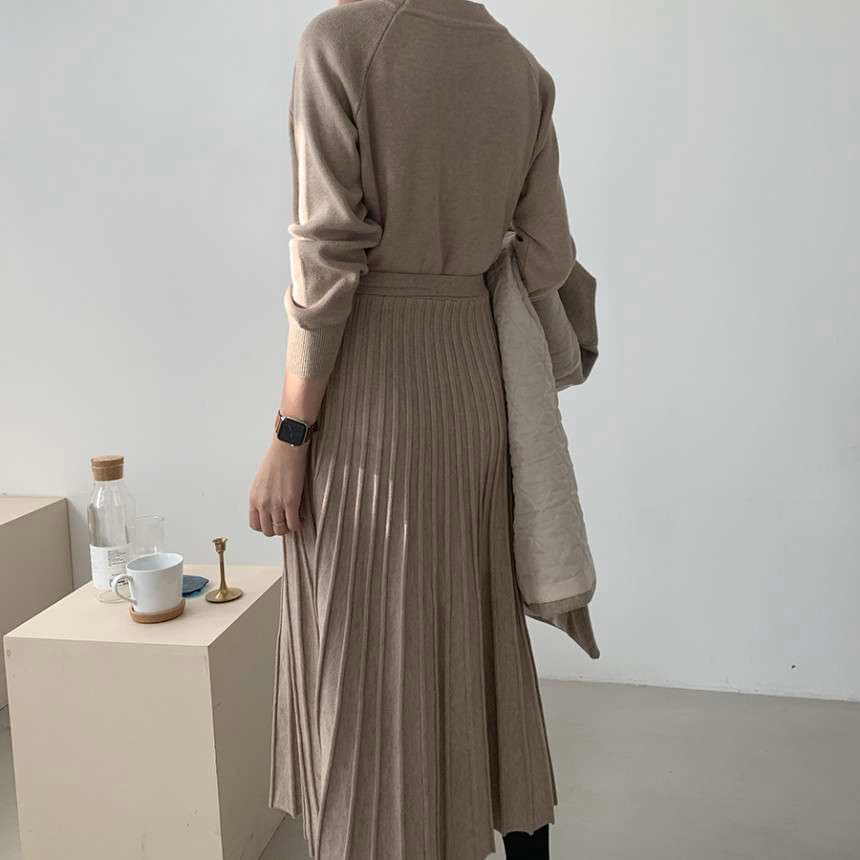 40代ファッション レディース プリーツスカート付き長袖ニットワンピース