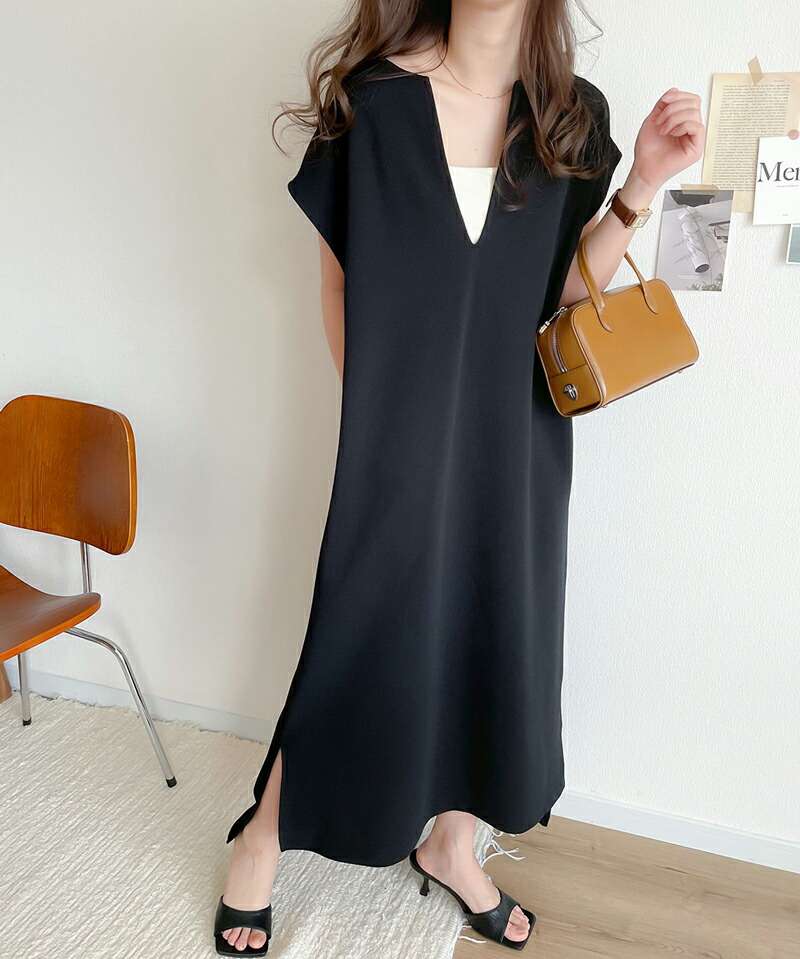 40代ファッション レディース エレガントVネックマキシワンピース