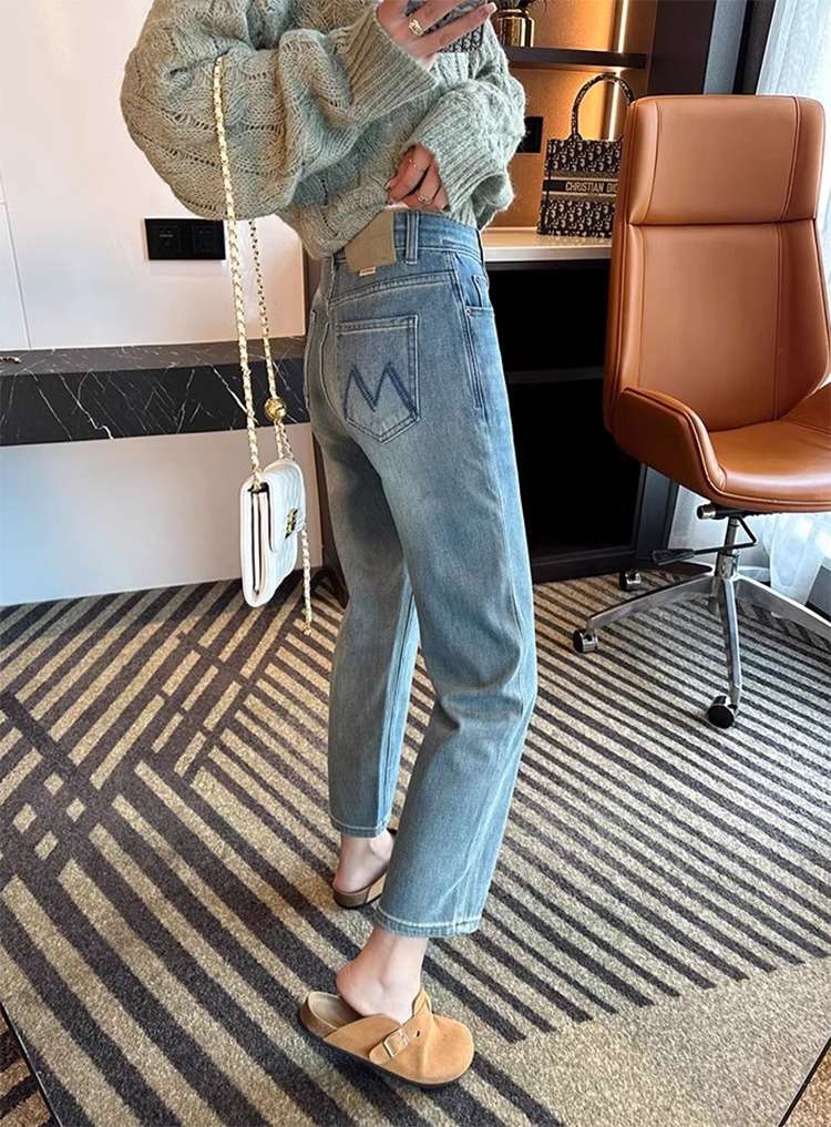 40代ファッション レディース ハイウエストストレートデニムパンツ