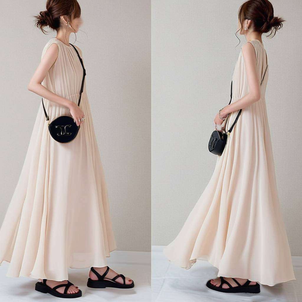 40代ファッション レディース エレガントマキシ丈シフォンワンピース