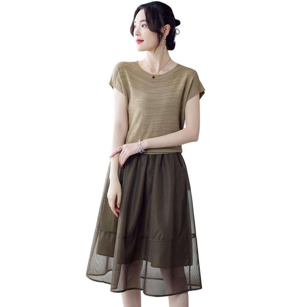 40代ファッション レディース エレガントな半透明スカート付きニットワンピース