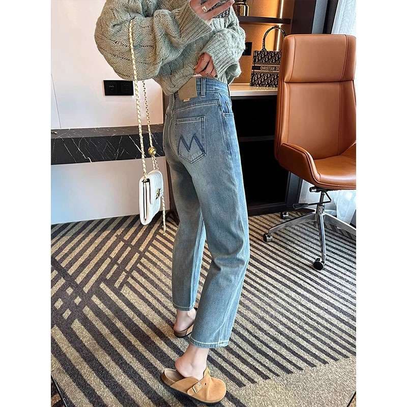 40代ファッション レディース ハイウエストストレートデニムパンツ