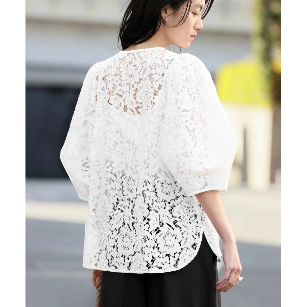 40代ファッション レディース レース編みパフスリーブジャケット
