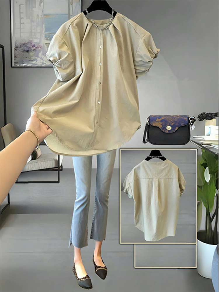 40代ファッション レディース エレガントパフスリーブオーバーサイズシャツ