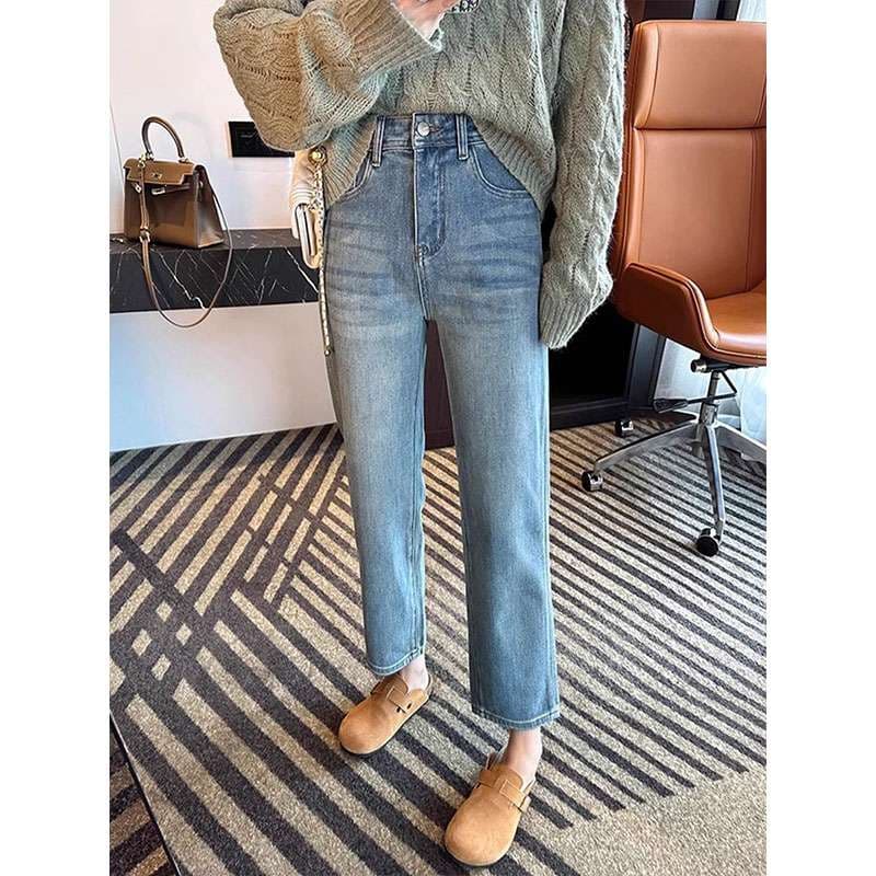 40代ファッション レディース ハイウエストストレートデニムパンツ