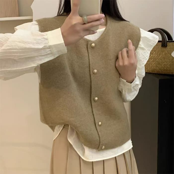 40代ファッション 秋冬新作ニットベスト丸首ボタン重ね着体型カバー