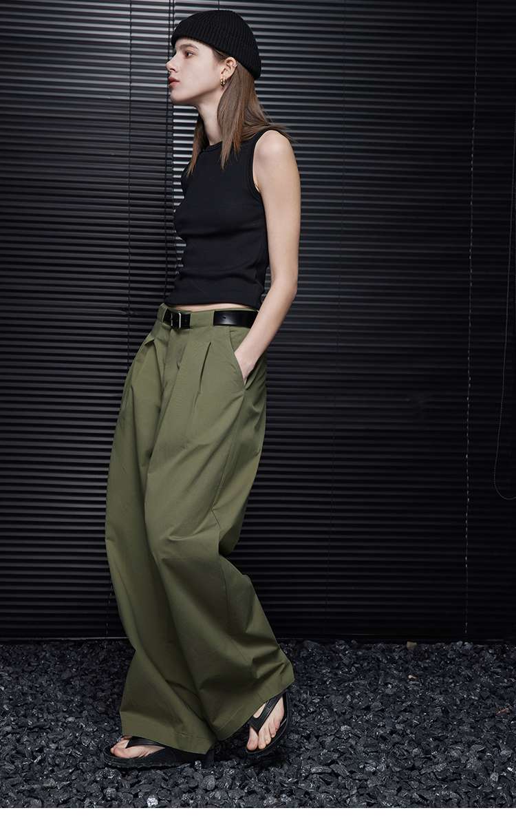 40代ファッション レディース ワイドシルエット ミリタリーグリーン パンツ