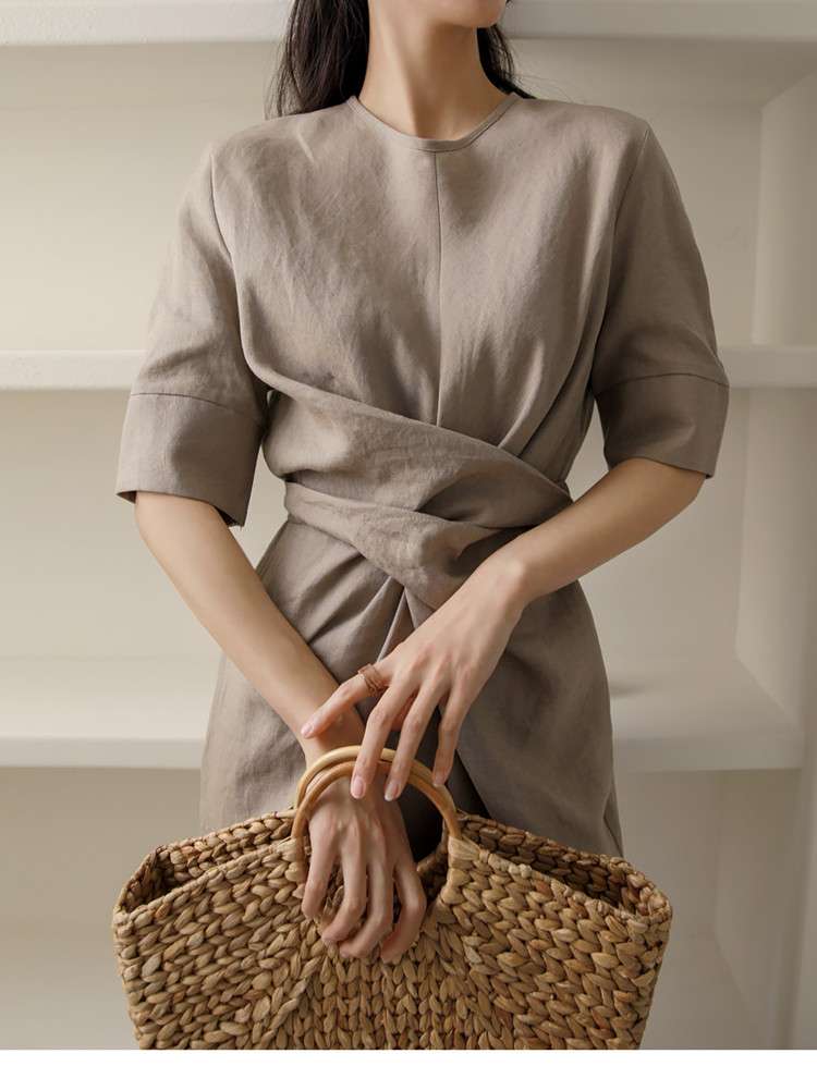 40代ファッション レディース エレガントツイストデザイン リネンワンピース