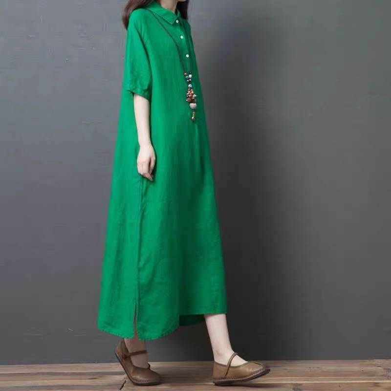40代ファッション レディース 緑のリネンマキシシャツワンピース