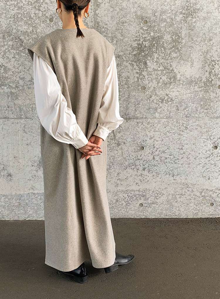 40代ファッション レディース レイヤード風ベスト付きロングワンピース