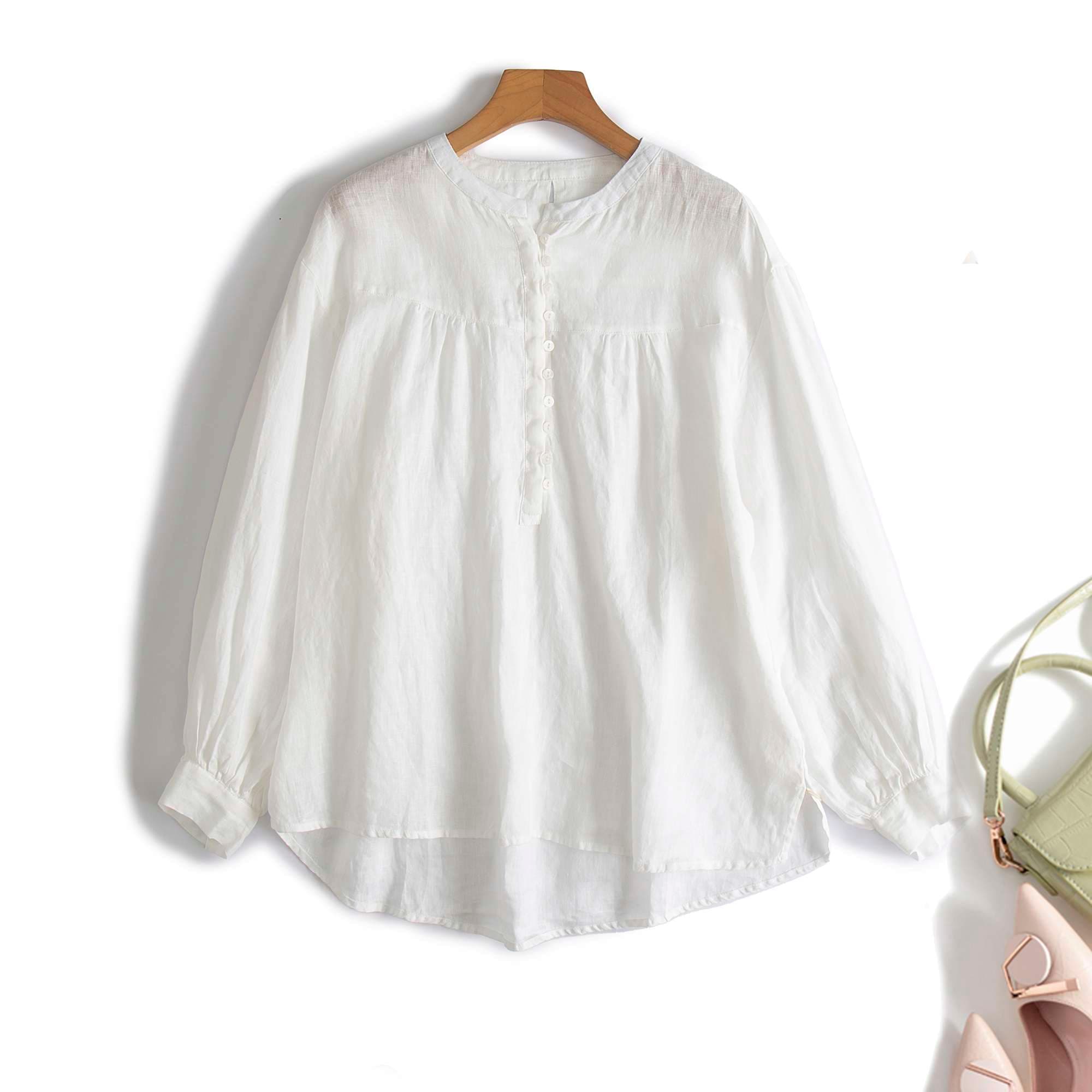 40代ファッション レディース ナチュラルリネン ふんわりギャザーブラウス