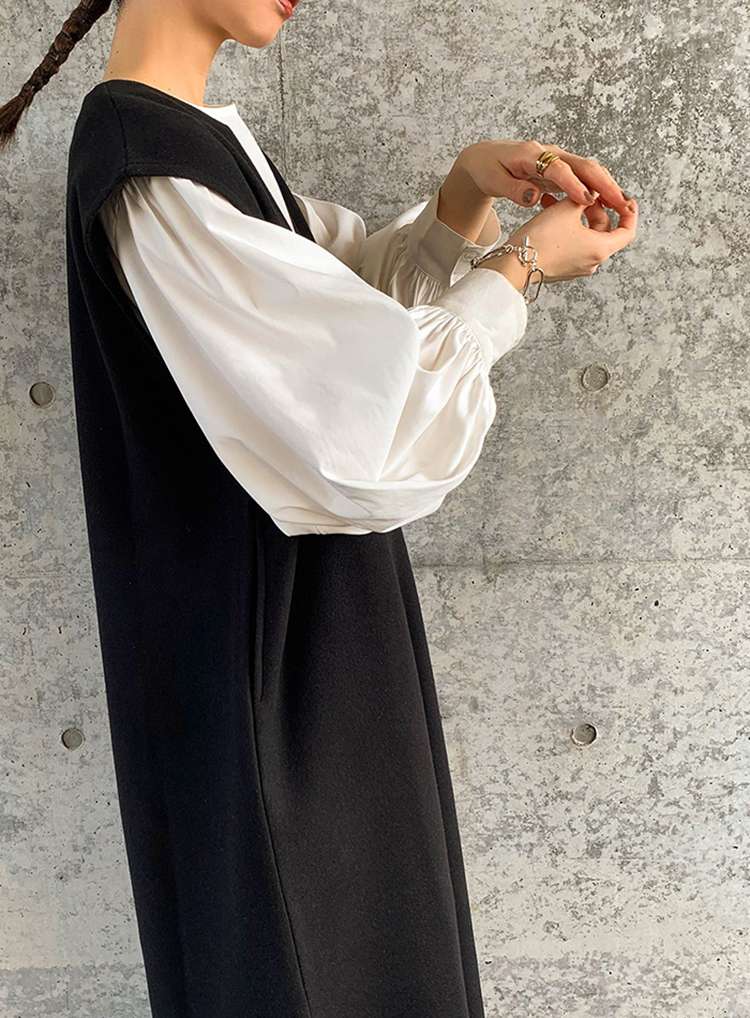 40代ファッション レディース レイヤード風ベスト付きロングワンピース