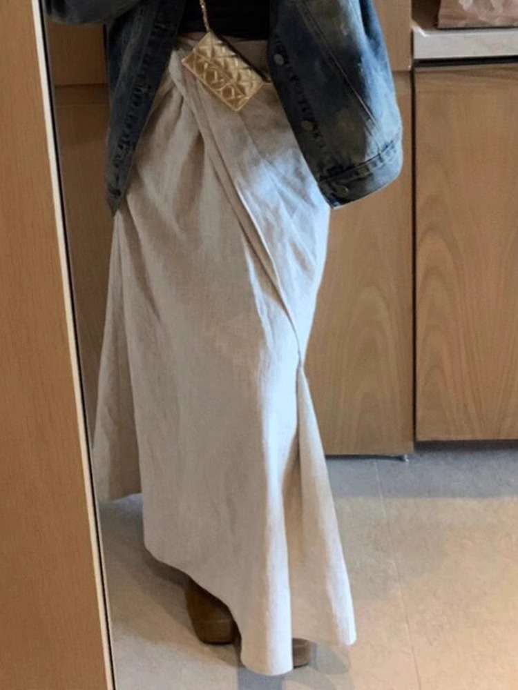 40代ファッション レディース リネンラップ風ねじれスカート