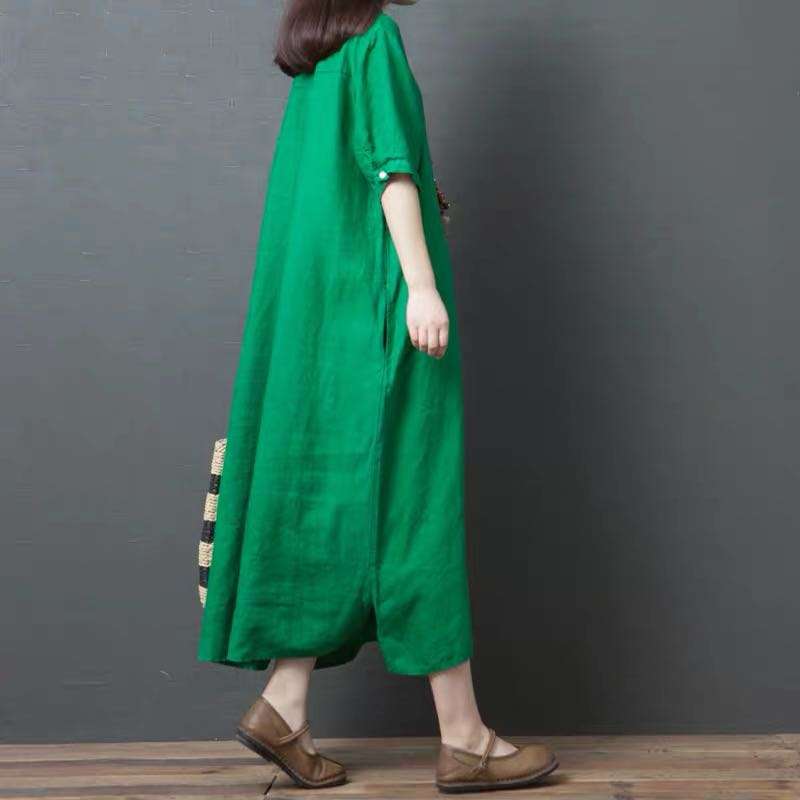 40代ファッション レディース 緑のリネンマキシシャツワンピース